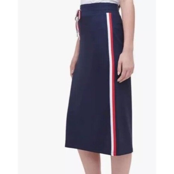 Tommy Hilfiger Midi Skirt Size XL Red White Blue Side Stripe Knit Elastic Waist - Picture 2 of 15